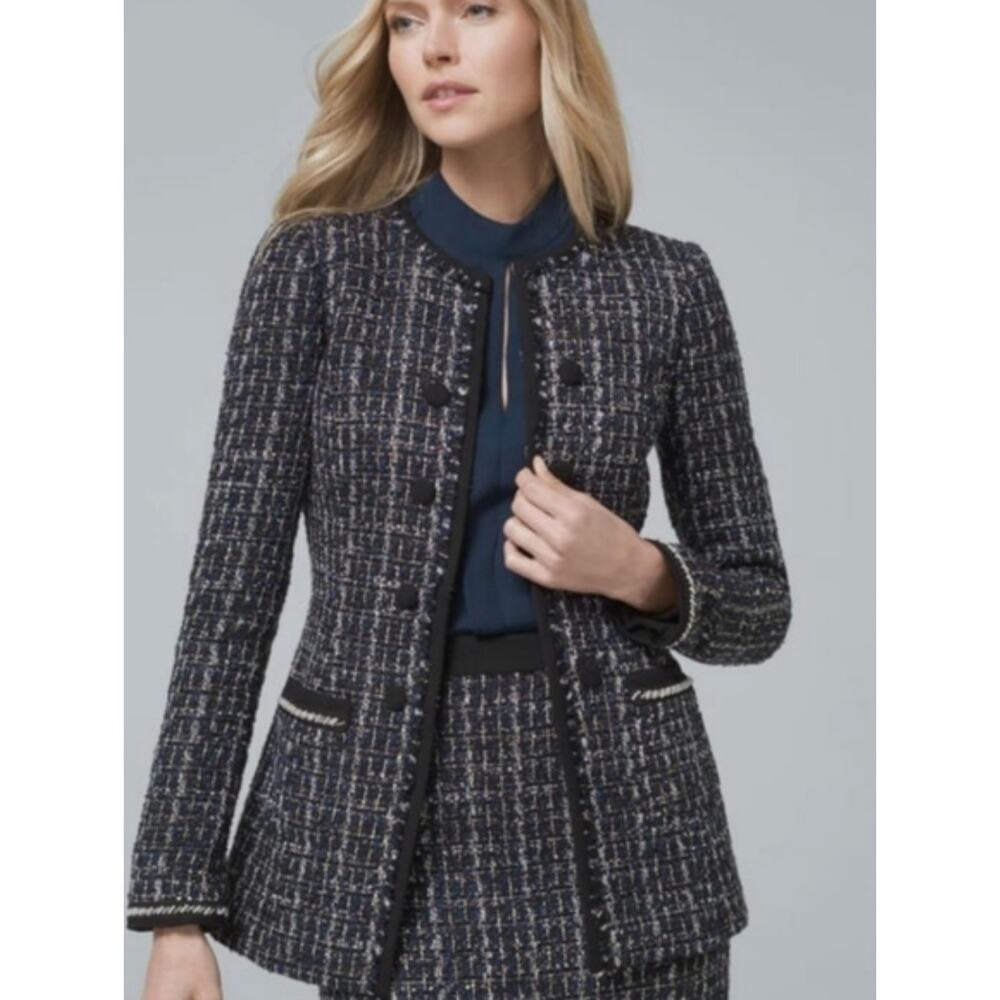 White House Black Market Blue Tweed Braid Trim Collarless Blazer Jacket Size S